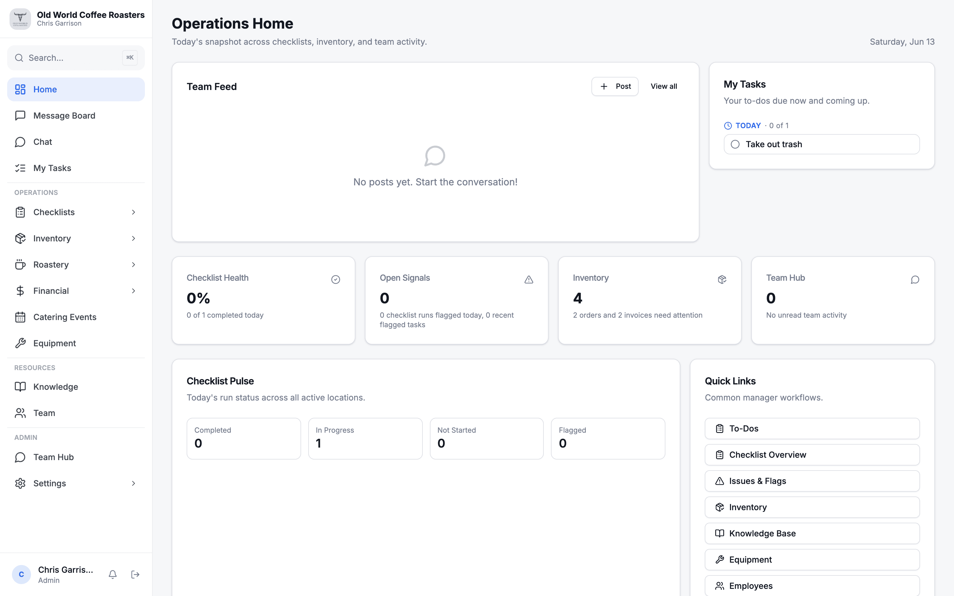 Taskr dashboard showing operations overview