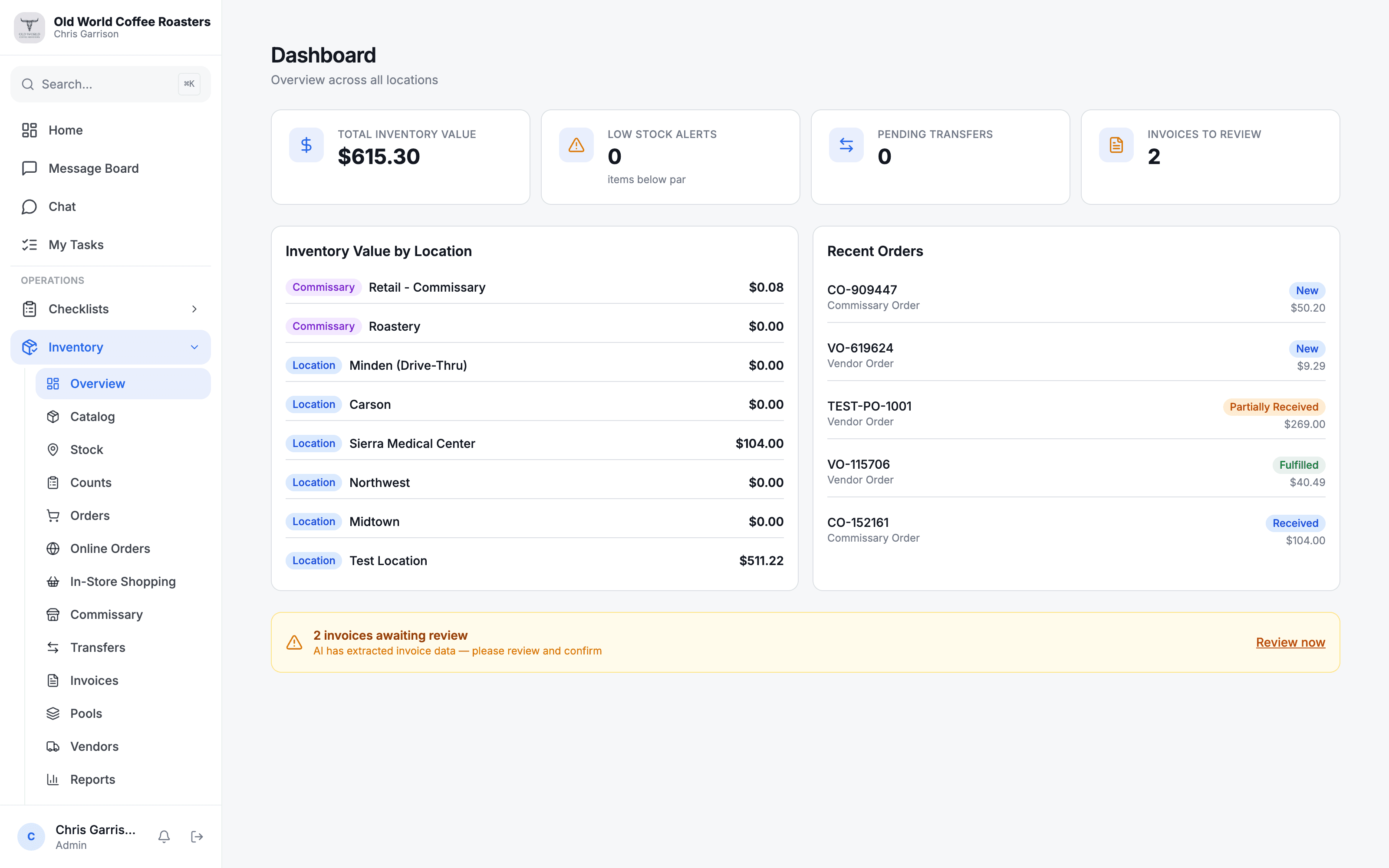 Taskr inventory dashboard with value by location and recent orders