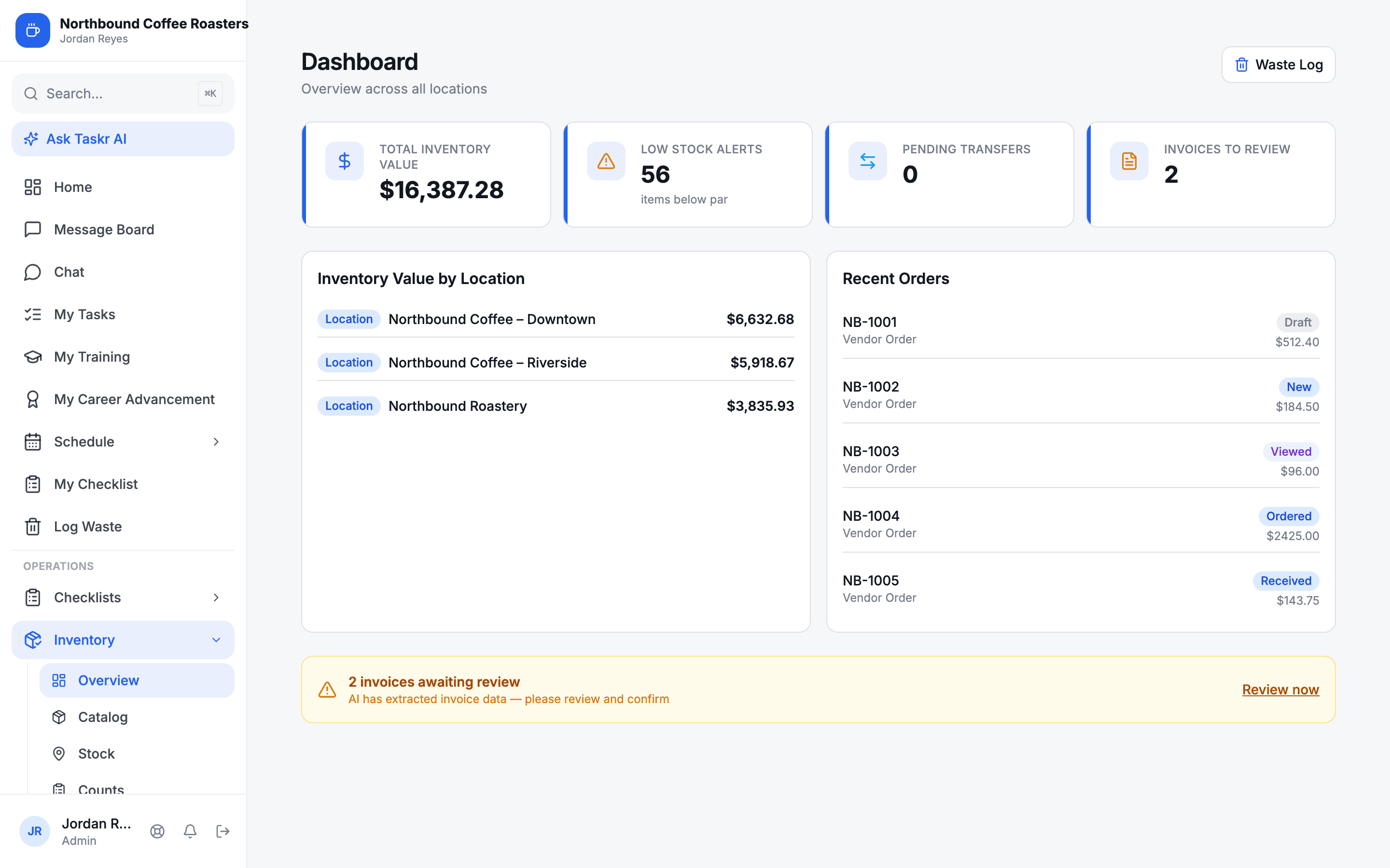 Taskr inventory dashboard with value by location and recent orders