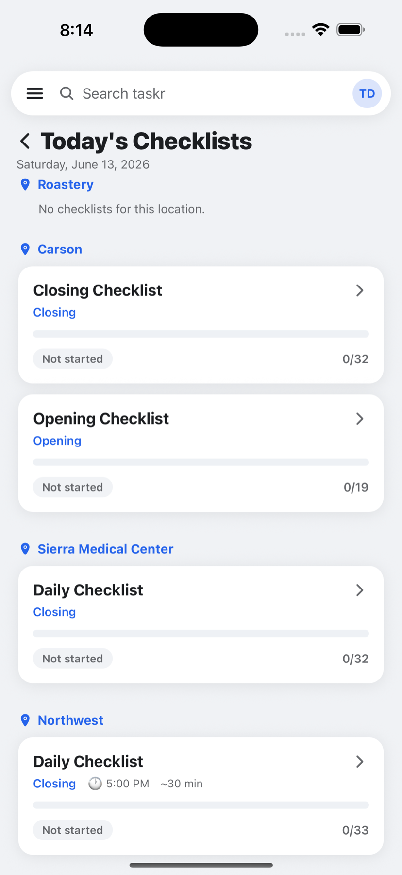 Taskr daily checklists grouped by location