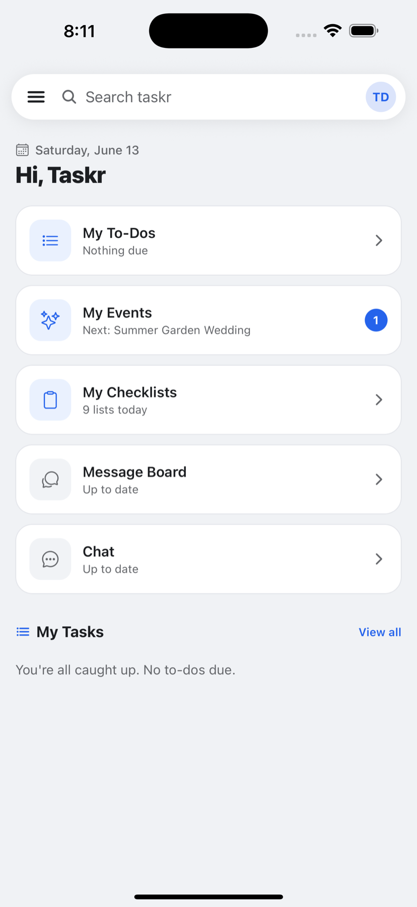 Taskr iOS home dashboard