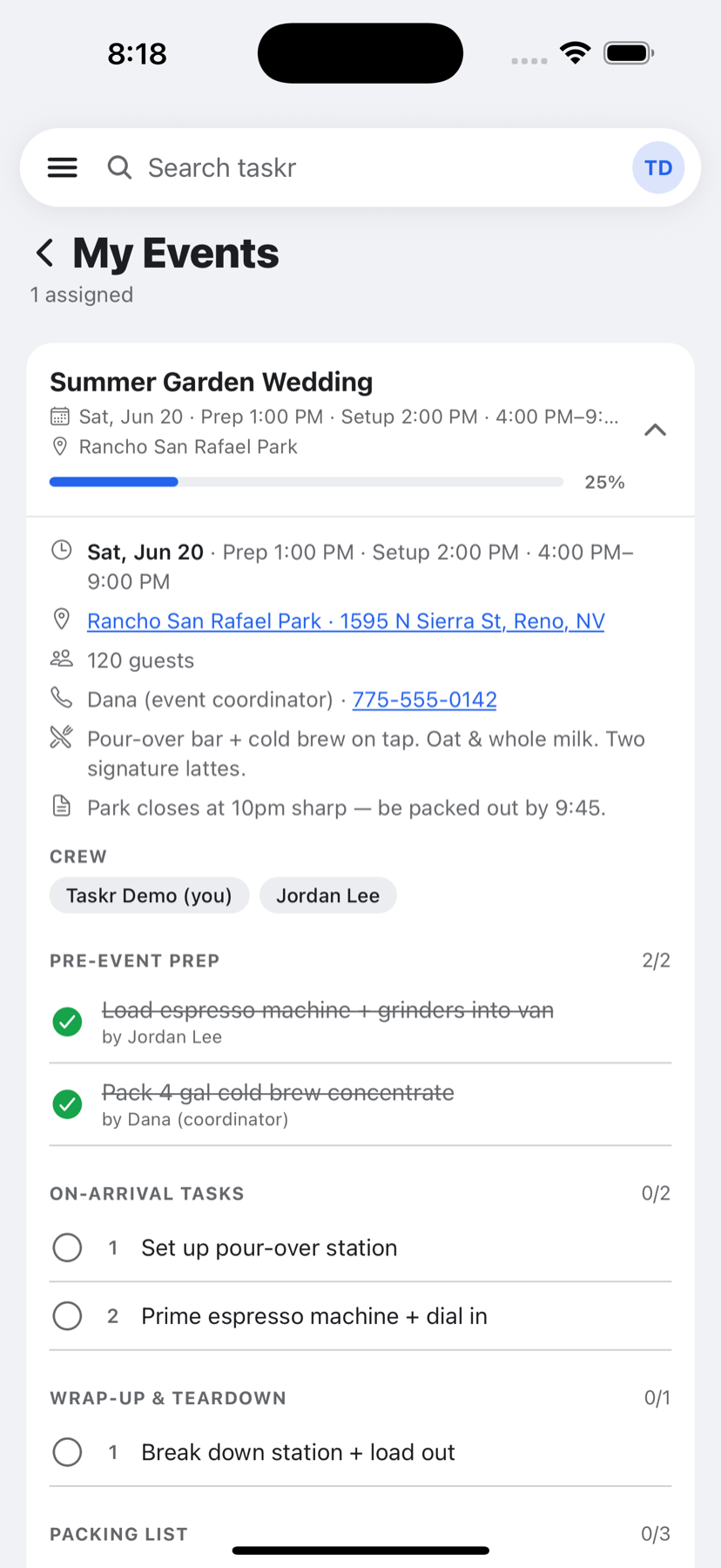 Taskr event detail with crew assignments, tasks, and packing list